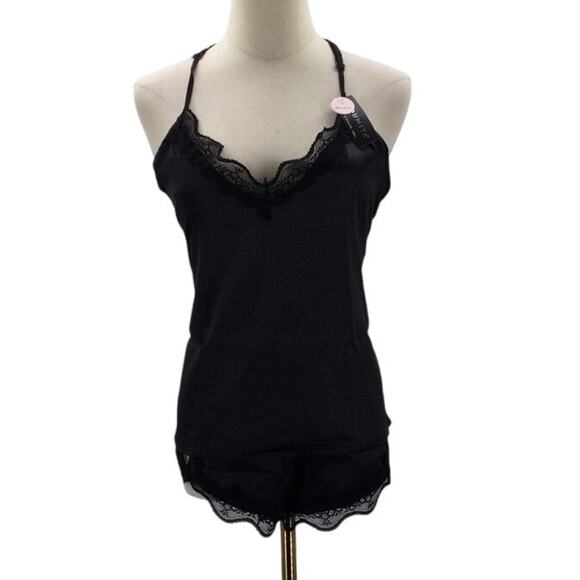 BEWICKED SZ L black satin lace trim cami 2 piece short sleep pajama set NWT 0B1 - Picture 1 of 11